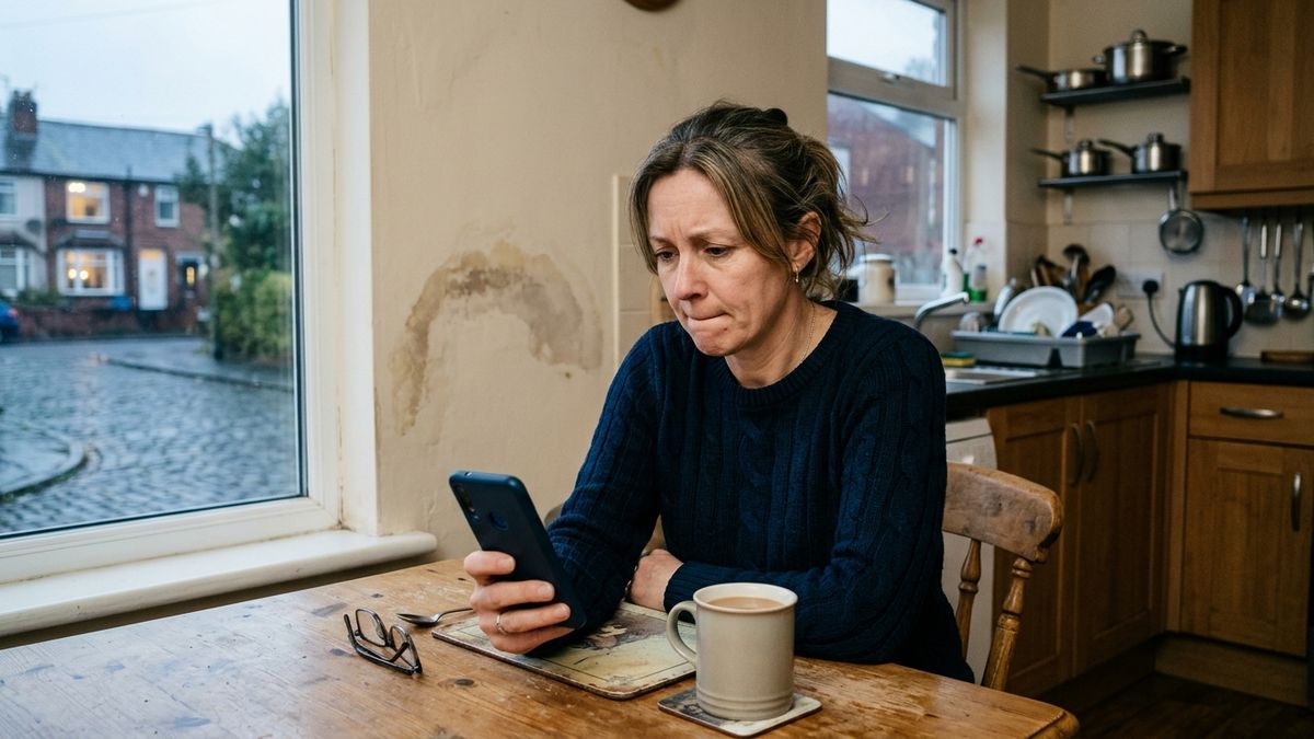 A homeowner with a damp patch on her wall searching for a tradesperson on her phone
