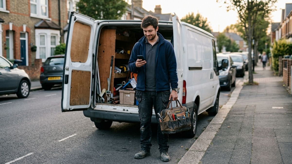 A tradesman checking a new enquiry on his phone by his van